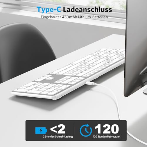 OMOTON Bluetooth Mac Tastatur, Kabellose Tastatur und für Apple MacBook Pro/Air, iMac, iMac Pro, Mac mini, wiederaufladbare mit 3 Bluetooth Kanälen, QWERTZ DE-Layout