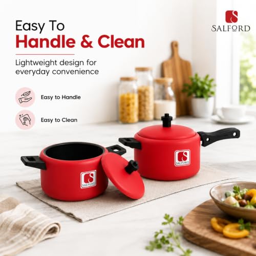 Image of SALFORD Tim & Tam Mini Cooker + Casserole Set (2 Pcs) | Compact & Functional Mini Cookware | 800 ml Mini Cooker & Casserole | Durable Build (Red)