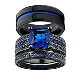 Couple Ring Bridal Set His Hers Black Gold Plated Pink Blue CZ Stainless Steel Wedding Ring Band Set