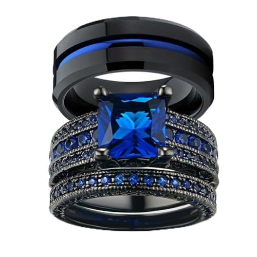 Couple Ring Bridal Set His Hers Black Gold Plated Pink Blue CZ Stainless Steel Wedding Ring Band Set