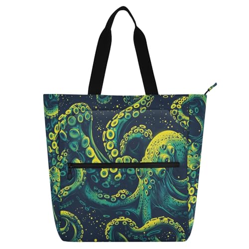 Book Tote Bag for Boys Girls Adults, Texture animal sea Neon Green Water-resistant Handbags Grocery Beach Bag with Zipper Pockets for School Shopping Travel