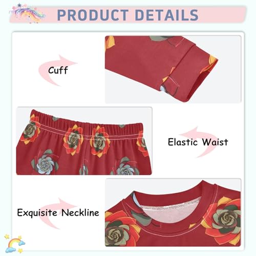 Pajama Sets Long Sleeve Floral Design on Red Background Soft Comfy Sleepwear 2 Piece PJS 3-8T4