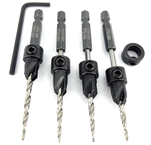 Image of FTG USA #6 (9 /64 inch) Wood Countersink Drill Bit 4-Pc Set with 3 /8 inch Depth Stop | Convenient 4-pack of identical tapered bits for woodworking. Includes an adjustable 3 /8 inch depth stop collar