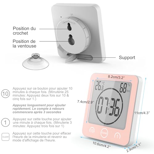 Miniatura 5 de Vorrinc Reloj De Baño, Despertador Digital, Temperatura Humedad Reloj Digital Reloj Temporizador, Alarma Impermeable Temporizador De Cuenta Regresiva, Lcd Control Táctil, Para Baño De Cocina Rosa