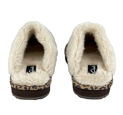 Image of Clarks Womens Open Back Suede Leather Comfort Clog Slipper JMS0583C - Plush Faux Fur Trim - Indoor Outdoor House Slippers For Women