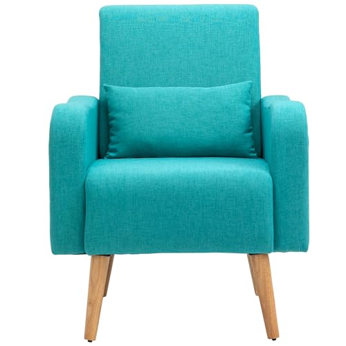 HOMCOM Accent Chair, Linen-Touch Armchair with Pillow, Upholstered Leisure Lounge Sofa for Living Room, Club Chair with Rubber Wooden Frame, Teal