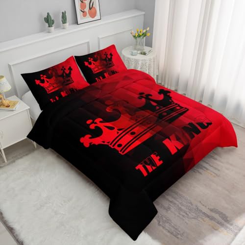Image of Crown Comforter Set Black and Red Gradient Art Printed Bedding Set with 1 Comforter and 2 Pillowcases for Boys and Girls Bedroom All Season(Crown-2 Queen)