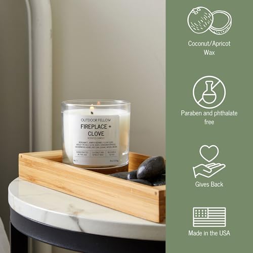Outdoor Fellow Fireplace and Clove Scented Candle, 8oz, Coconut & Apricot Wax Blend, Bergamot, Clove Buds, Cedarwood, Reusable Glass, 40-50 Hour Burn Time