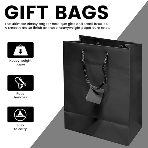 Novel Box Black Gift Bags with Handles 10 Pack 8x4x10 Inches Large Paper Bulk Gift Bags for Business, Shopping, Birthday, Party Favor - Euro Tote Paper Bag for Groceries & Personal Use