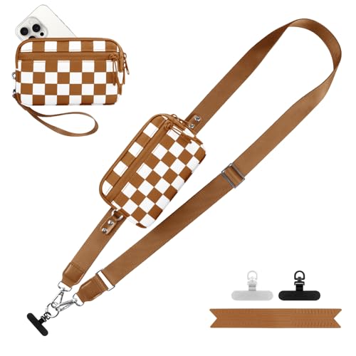 Image of YFWE Clip and Go Strap for Phone with Wallet Crossbody, Adjustable Phone Lanyard with Detachable RFID Wristlet Wallet, Phone Strap with Phone Tabs for All Phones, Bronze Checkered (L)