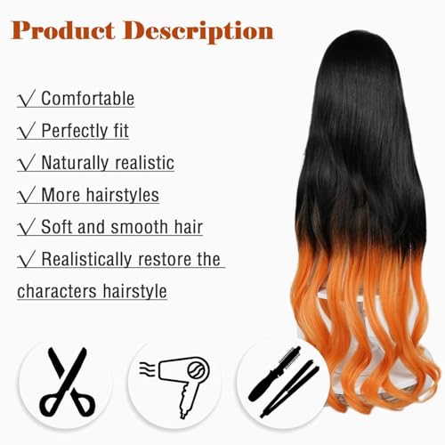 Image of LABEAUTE Nezuko Cosplay Wig for Anime Black Orange Wig, Women Adult Long Halloween Character Costume Wigs Cosplay Clothes for Demon Slayer