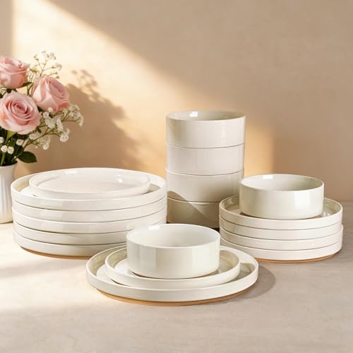 Image of AmorArc Ceramic Dinnerware Set for 8 | Speckled Stoneware Plates and Bowls with Rustic Terracotta Underside| Scratch Resistant,Dishwasher & Microwave Safe Dishes Sets- 24pcs