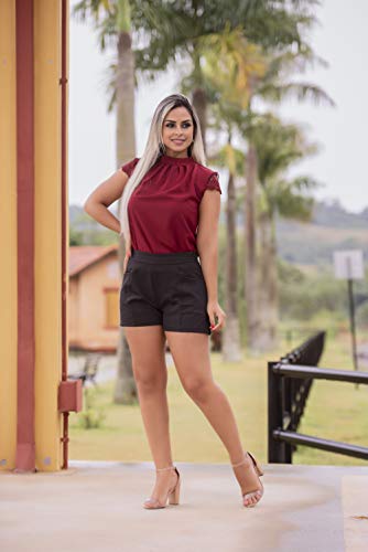 Blusa Feminina Social Manga Curta Detalhe Renda E Tule (P/36-38, marrom)