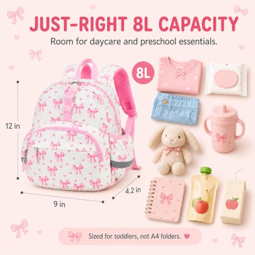 Image of LOIDOU Toddler Backpack for Girls Ages 2-4, 12 Inch Mini Preschool Daycare Bookbag with Insulated Snack Pocket, Corduroy Small Kids Travel Backpack, Pink Bow