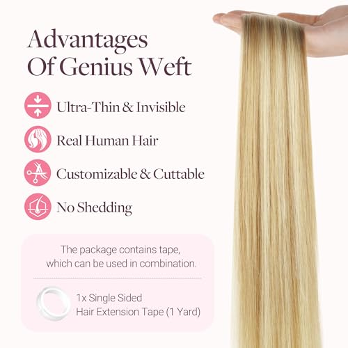 Image of GOO GOO Tape In Weft Hair Extensions Human Hair, Genius PU Long Weft Tape In Hair Extensions Real Human Hair, Silky Easy to Use, P16 /22A Light Blonde Highlighted Golden Blonde 16 inch 50g 2pcs