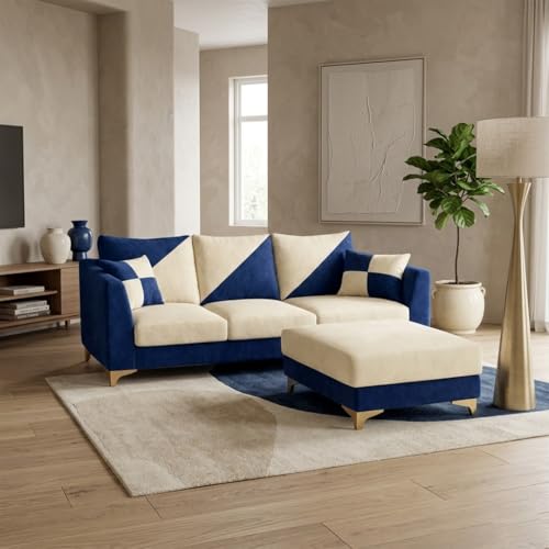 Image of Juliet 4 Seater L Shape Sofa Set with Movable Ottomans | Flexible Layout | Rich Velvet Suede Fabric | Silver Legs | Dual Tone Modern Sofa for Living Room (Dark Blue-Cream)