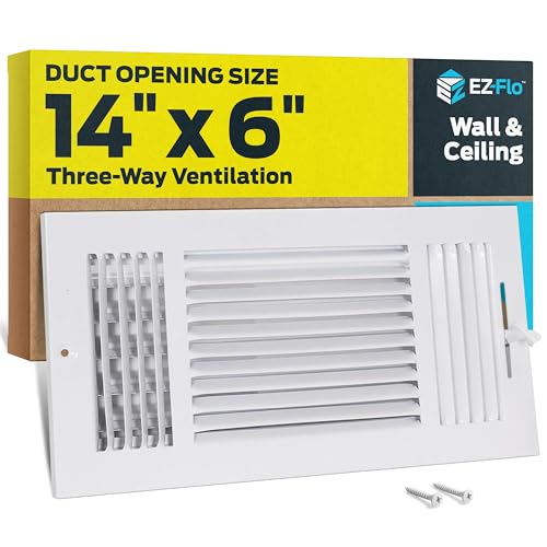 EZ-FLO 14 x 6 Inch (Duct Opening) Air Vent Cover for Wall or Ceiling Three-Way Ventilation Register Solid Steel HVAC Register Cover White 61616