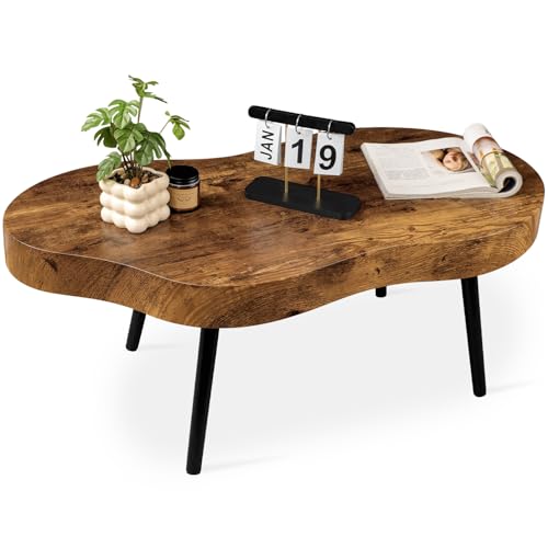 Image of Coffee Tables for Living Room Mid-Century Small Coffee Table Wood Framed Cloud Shaped Center Table Easy Assembly Portable Furniture for Bedroom Apartment Reception Room Retro Brown