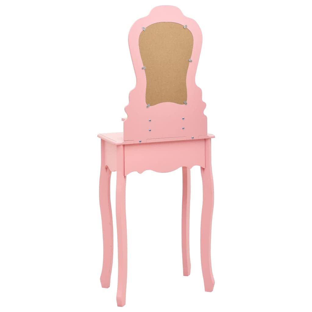 Juego de tocador con taburete de madera de paulownia rosa, 50 x 59 x 136 cm, con espejo, 1 cajón grande, 2 cajones pequeños, para dormitorio, baño, niña