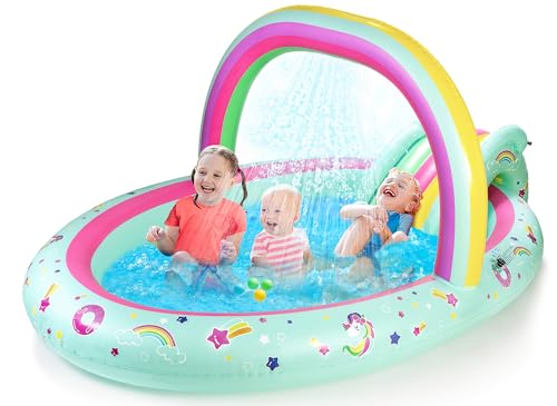 SULIFEEL Rainbow Unicorn Inflatable Kiddie Pool with Slide