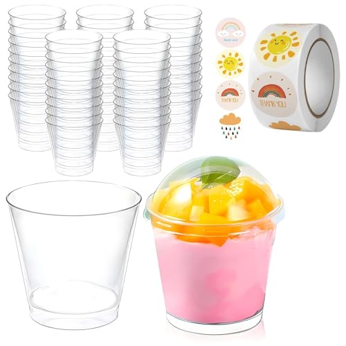 OulQinyhome Vasos para Postres Transparentes 210ml - 50 Unidades Tazas de Postrecon Tapa y Cuchara para Pudín Mousse Helado - Transparentes para Postres Fiestas Bodas