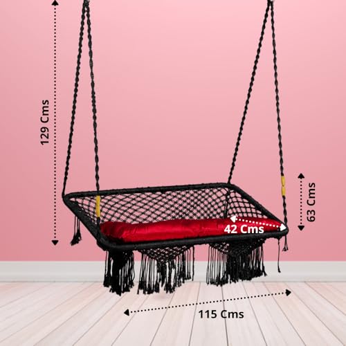 Swingzy Large Premium Double Seater Swing Chair/Hammock Chair for Home, Indoor, Outdoor, Garden/Hanging Hammock Swing Chair for 2 People/Jhula for Adults with Hanging KIT with Cushion Black Polyester