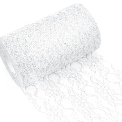 Tischläufer Spitze Weiß 15cm x 25m Spitzenstoff Deko Tischläufer Abwaschbar mit zarter Spitze für Hochzeit Taufe Festliche Dekoration zu besonderen Anlässen