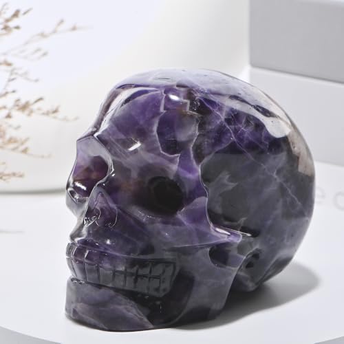 Bmuafry 5''Natural Dreamy Amethyst Crystal Skull Head Hand Carved Reiki Healing Stone Statue Healing Home Office Art Room Decoration