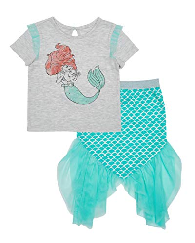 Disney Princess Ariel Toddler Girl Shirts and Skirt Set for Girls Short Sleeve Toddler Girl Shirt Skirts for Girls (Grey/Turquoise, 6X)