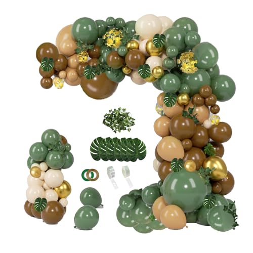 PERPAOL 140 pcs Jungle Safari Balloon Garland Kit, Sage Green Brown Safari Wild One Balloon Arch with Animal Print Balloons Palm Leaves for Wedding Woodland Tropical Birthday Shower Decorations
