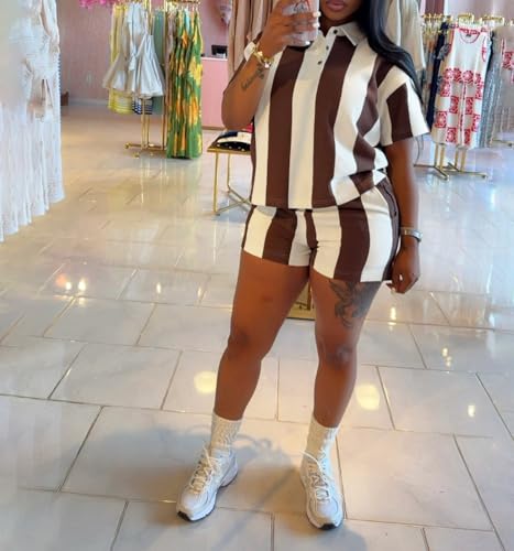 Women's Summer Tracksuits 2 PCS Striped Color Block Lapel Neck Button Long Sleeve Top Elastic Waisted Shorts Set2