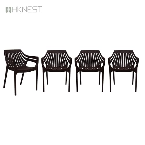 Image of OAKNEST Supreme Spectrum Plastic Arm Chair - Modern Slatted Stackable Chair for Living Room, Dining, Garden, Balcony, Restaurant & Cafe | Weatherproof Indoor Outdoor Designer Chair, Set of 4,G Brown
