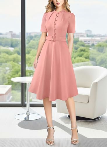 Image of VFSHOW Womens 2024 Business Work Office Pockets Belted Buttons Elegant Fit and Flare A-Line Dress