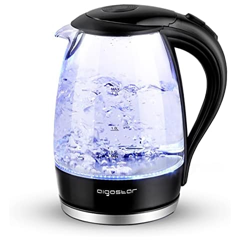 Aigostar Adam 30KHH - Glass Water Kettle with LED Lighting , 2200 Watts, 1.7 Liter, Boil-dry Protection, BPA Free, Black Cover