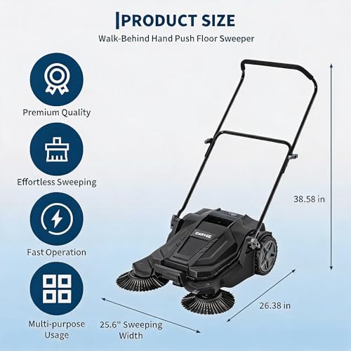 Image of Walk-Behind Hand Push Floor Sweeper, 25.6 Inch Wide Manual Non-Electric Sweeper with 5 Gallon Waste Bin, Adjustable Folding Handle Heavy Duty Yard Sweeper for Garage Patio Walkway Driveway Leaf Debris