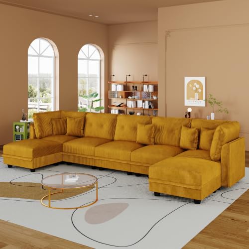 Image of LLappuil Modular Sectional Sofa with Storage, U-Shaped 7-Seat Corduroy Couch with 7 Throw Pillows, Pet-Friendly Convertible Sofa for Living Room & Apartment, Skin-Friendly, Yellow