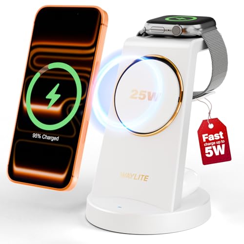 Image of 3 in 1 Fast Charging Station for iPhone, 25W Wireless Magnetic Phone Charger for iPhone 17 16e 16 15 14 13 12 Serise, Watch Charger Stand, Wireless Charging Station for AirPods 4 3 Pro, White