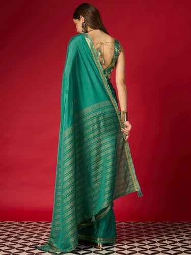 Image of AKHILAM Women's Mysore Silk Ethnic Motif Printed Saree With Unstitched Blouse Piece