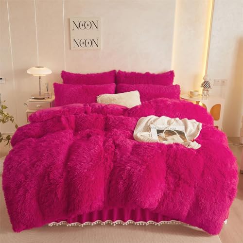 HAIHUA Fluffy Hot Pink Comforter Cover Queen Set Soft Plush Furry Hot Pink Bedding Queen Set 3 Pieces (1 Shaggy Duvet Cover + 2 Faux Fur Pillow Cases) Fluffy Bed Set Zipper Closure