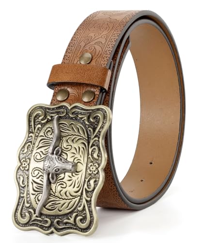 Western-Cowboy-Belts for Men/Women - Mens Western Belt with Longhorn-Bull-Buckle Cowgirl-Country PU-Leather-Belt for Jeans