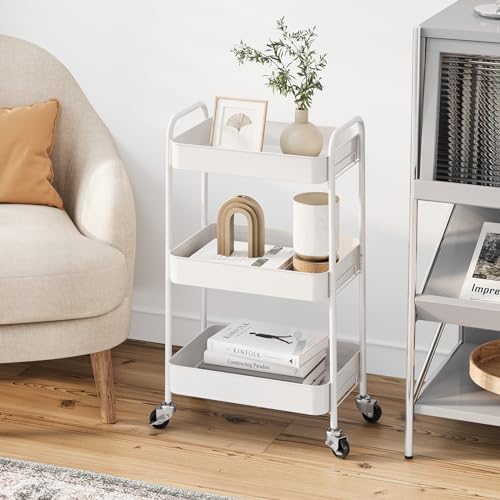 عربة مطبخ دوارة من 3 طبقات معدنية من كينجراك، عربة تقديم بمقابض وعجلات للمكتب والصالون، عربة متعددة الأغراض للمطبخ والحمام ومستحضرات التجميل، بدون براغي، سهلة التركيب