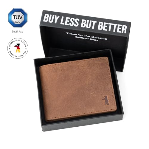 BERLINER BAGS Vintage Genuine Leather Wallet for Men Brooklyn, RFID Blocking, Bifold, Front Pocket Slim Wallet, 10 Card Holder, 2 Bills Compartment, 1 Gift Box - Brown3