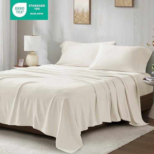 Image of True North by Sleep Philosophy Micro Fleece Bed Sheet Set, Warm, Sheets with 14 inch Deep Pocket, for Cold Season Cozy Sheet-Set, Matching Pillow Case, King, Ivory, 4 Piece