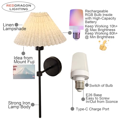 Image of Battery Cordless Fabric Wall Sconces Set of 2 with Remote, Vintage Rechargeable Mushroom Wall Sconces with Fabric Lampshade Picture Wall Light Fixture for Bathroom, Bedroom (2 Pack, Black)