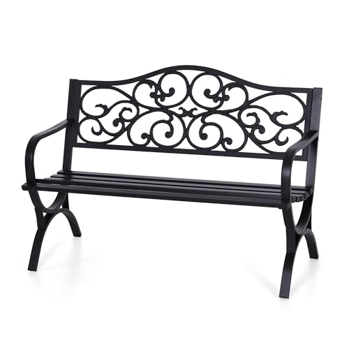 PHI VILLA Gartenbank Wetterfest Metall Gusseisen Stahlrahmen 2-3 Sitzer Bank Outdoor mit Floralem...