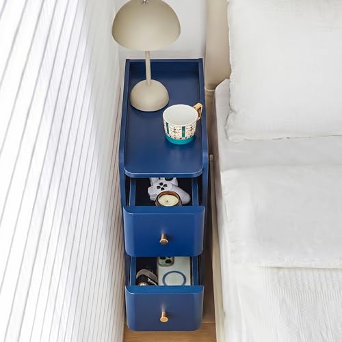 Image of FurSch Narrow Nightstand, Wooden 2 Drawer, Slim Side End Table, Blue, 1 pc
