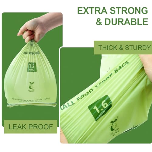 100% Compostable 1.6 Gallon Trash Bags, 6 Liter, 150 Count Kitchen Food Scrap Small Compost Bags for Countertop Bin with Europe EN13432 Certified