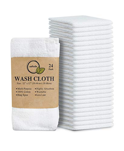 Image of Softolle 100% Cotton Washcloths 24 Pack (12x12 Inches) Soft, Highly Absorbent Washcloth, Face Towels, Wash Cloths for Face, Ring Spun, Bulk Pack (White)