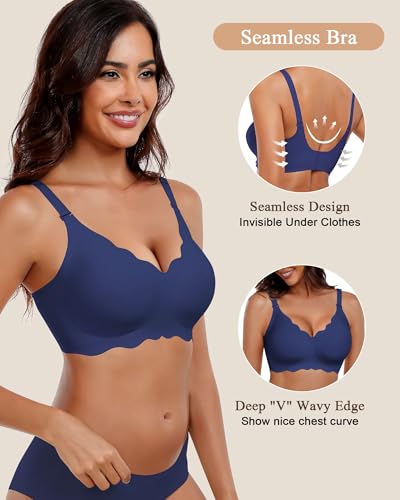 Image of HORISUN Wireless Seamless Bras for Women No Underwire Wavy V Neck Soft Support Full Coverage Comfortable Bra