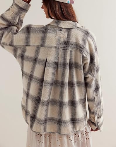 Womens Waffle Knit Plaid Shacket Boyfriend Button Down Shirt Jacket Loose Long Sleeve Tops Grey2